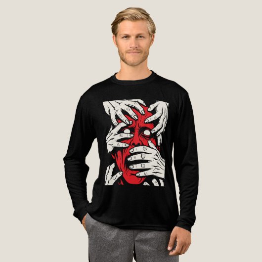 ホラーアート 赤い悪魔 手で顔を覆う トライブレンドTシャツ (正面全体)