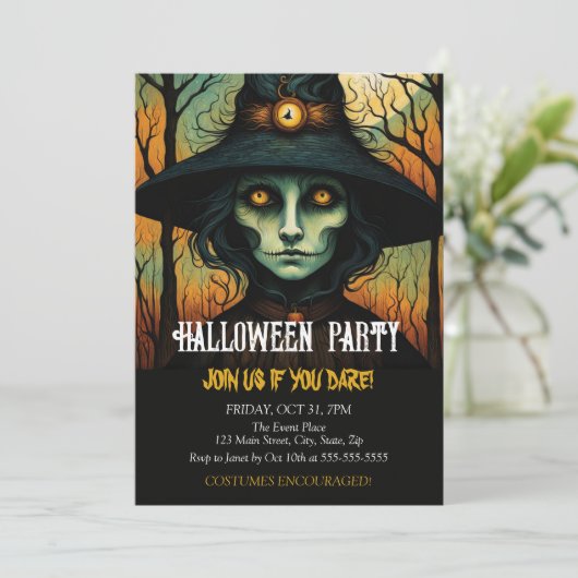 ホラーウィッチ顔衣装ハロウィーン誕生日 招待状 (スタンド正面)