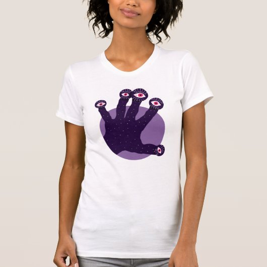ホラーゴシック紫色の不気味な手風変わりの目 Tシャツ (正面)