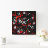 ホラーナイトゴシック – 白黒、赤 スクエア壁時計 (ホーム)