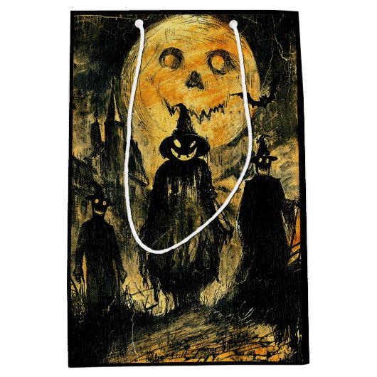 ホラーハロウィーンハロウィーンのカボチャのちょうちん不気味シーズン ミディアムペーパーバッグ (正面)