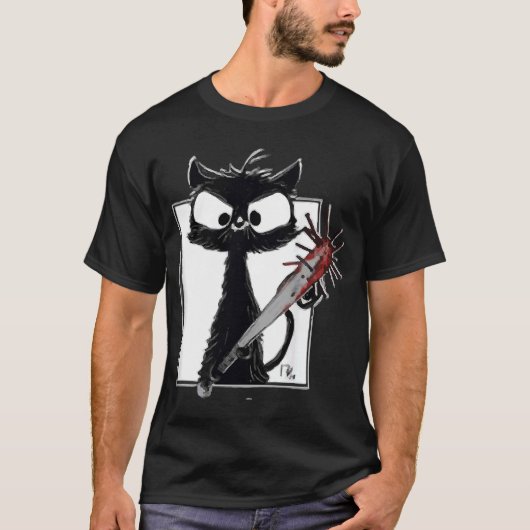 ホラーハローウィンパーティ血(ばちゃばちゃ)跳ねるナイフブラック Tシャツ (正面)