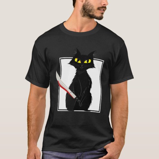 ホラーハローウィンパーティ血(ばちゃばちゃ)跳ねるナイフブラック Tシャツ (正面)