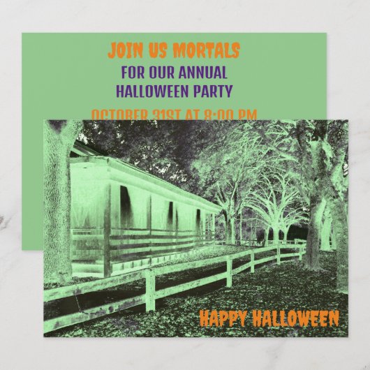 ホラーブラックアンドグリーンキャビンウッズハローウィンパーティ 招待状 (正面/裏面)