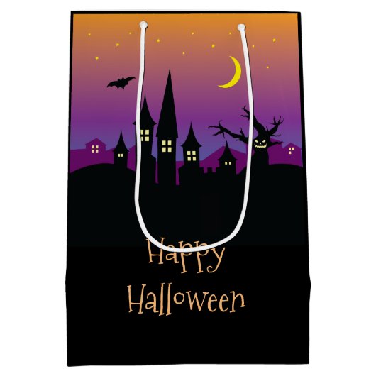 ホラー不気味ハウス幽霊のよく出るオレンジハローウィンパーティ ミディアムペーパーバッグ (裏面)