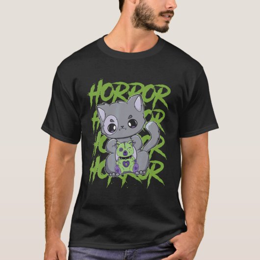 ホラー好きのためのエディベアを持つ黒猫 Tシャツ (正面)