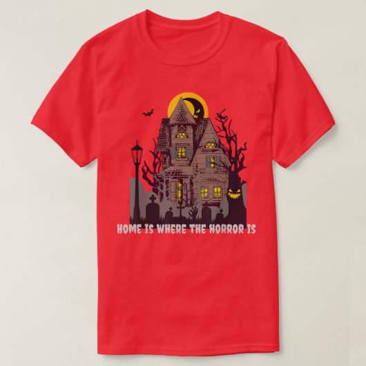 ホラー幽霊のよく出るマンションとこうもりハロウィーンの衣装 Tシャツ (デザイン正面)