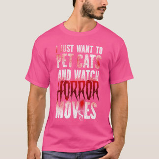 ホラー映画が怖くて猫を撫でていたい Tシャツ