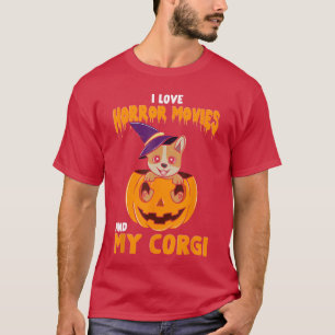 ホラー映画とコーギーが大好き ハロウィンにぴったりな面白いデザイン Tシャツ
