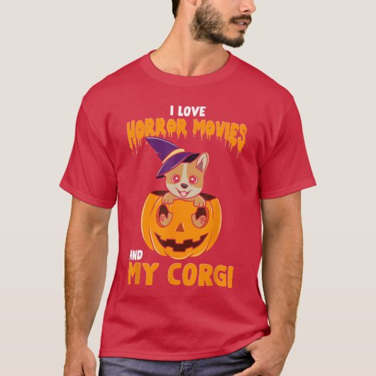 ホラー映画とコーギーが大好き ハロウィンにぴったりな面白いデザイン Tシャツ (正面)