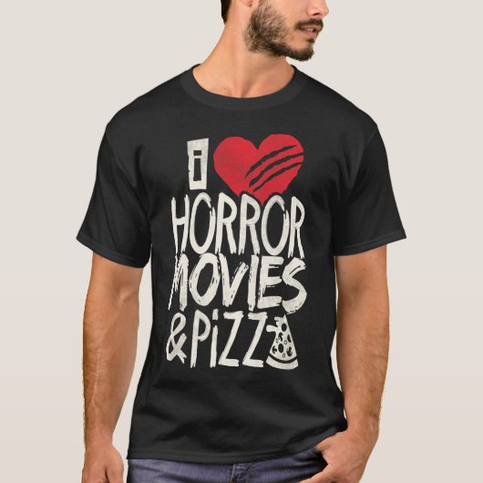 ホラー映画とピザグラフィック映画好き Tシャツ (正面)