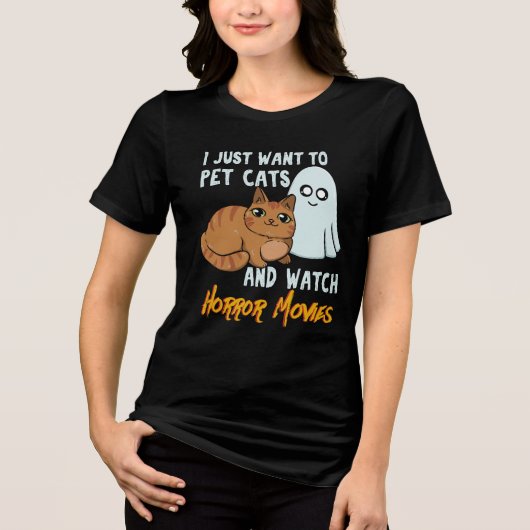 ホラー映画とペット猫ハロウィンギャグを見る トライブレンドＴシャツ (正面)