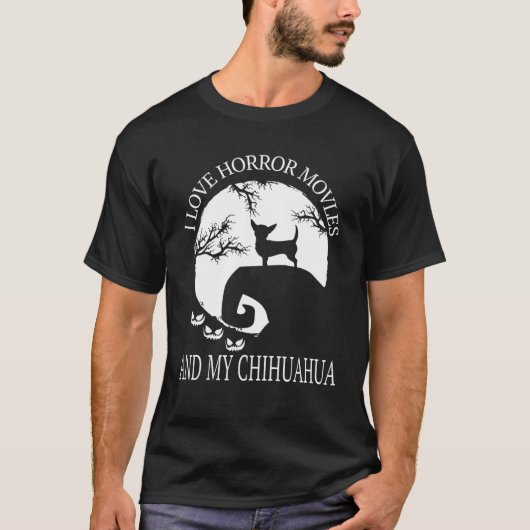 ホラー映画と私のチワワチおもしろいワ Tシャツ (正面)