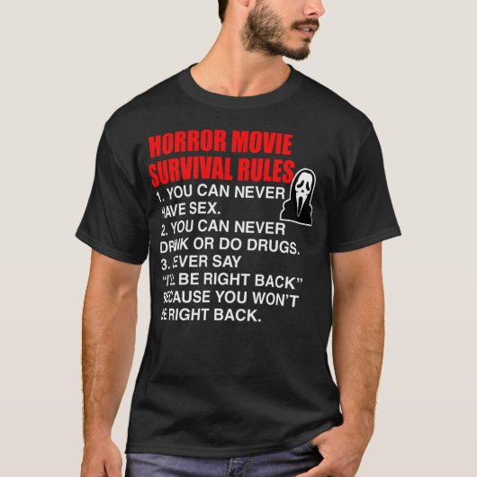 ホラー映画のサバイバルルール – スクリーム引用文 Tシャツ (正面)