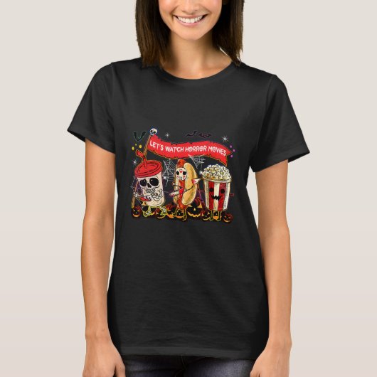 ホラー映画を見るハロウィーンおもしろい幽霊のスケッチ Tシャツ (正面)