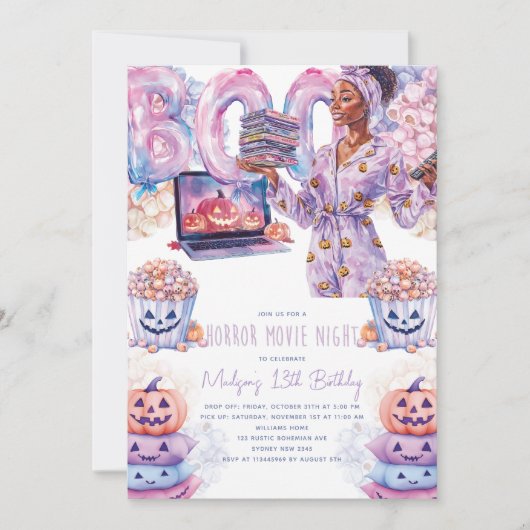ホラー映画ナイトアフロハロウィンスランバー誕生日 招待状 (正面)