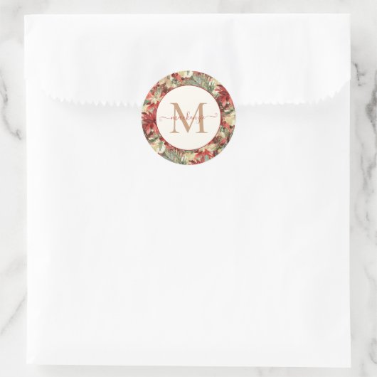 ホリエレガントディポインセチア・クリスマスモノグラム ラウンドシール (バッグ)