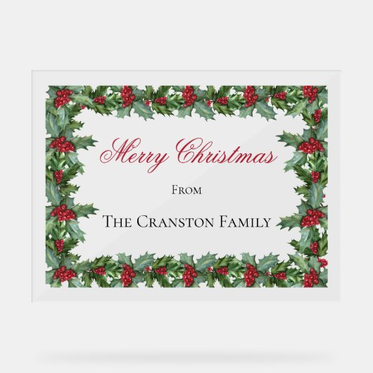 ホリエレガントーとベリーのフレームのクリスマスグリーティング アクリルサイン (正面)