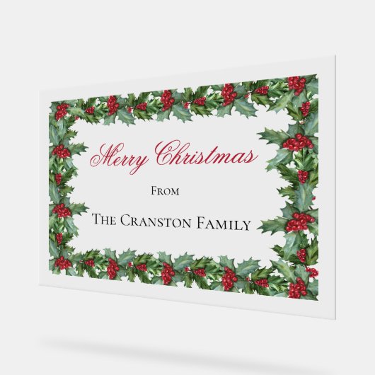 ホリエレガントーとベリーのフレームのクリスマスグリーティング アクリルサイン (傾斜)