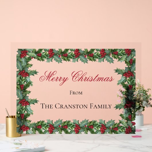ホリエレガントーとベリーのフレームのクリスマスグリーティング アクリルサイン (ウェディング)