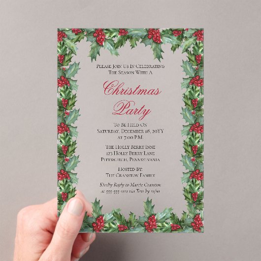 ホリエレガントーとベリーのフレームのクリスマスパーティー アクリル招待状 (インサイチュ (ポータブル))