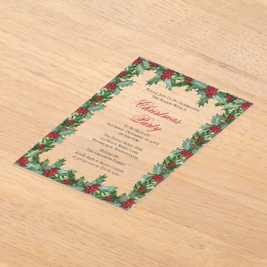 ホリエレガントーとベリーのフレームのクリスマスパーティー アクリル招待状 (レイダウン)
