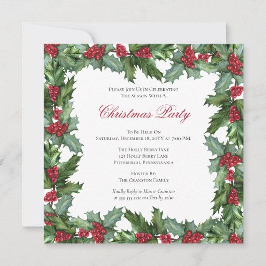 ホリエレガントーとベリーのフレームのクリスマスパーティー 招待状 (正面)