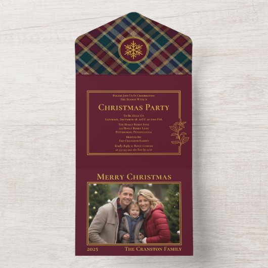 ホリエレガントー・ベリー・プレイド写真クリスマス・パーティー オールインワン招待状 (内側)