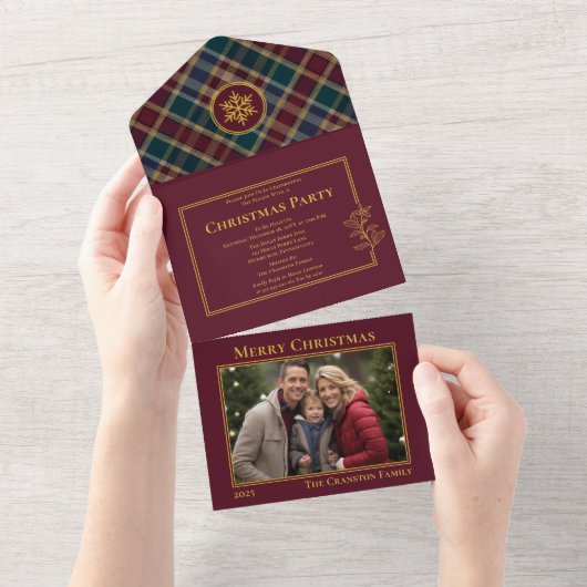 ホリエレガントー・ベリー・プレイド写真クリスマス・パーティー オールインワン招待状 (貼ってはがせる)