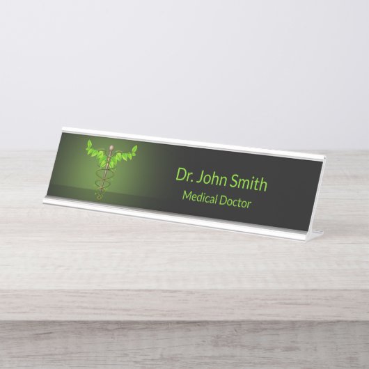 ホリスティック代替医療カドゥセウス緑葉 デスクネームプレート (正面)