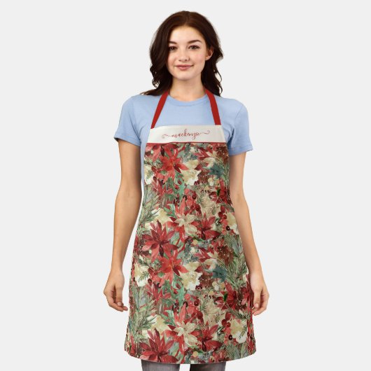 ホリディポエレガントインセティアクリスマスフローラ エプロン (着用した状態)