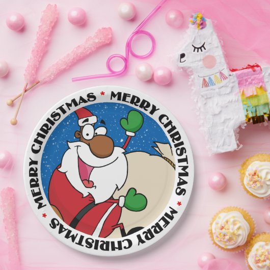 ホリデイおもしろいブラックサンタクロース乗馬そり ペーパープレート (パーティー)