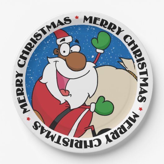 ホリデイおもしろいブラックサンタクロース乗馬そり ペーパープレート (正面)