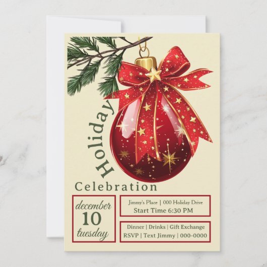 ホリデイお祝いレッドオーナメントウィズキュートボウ 招待状 (正面)