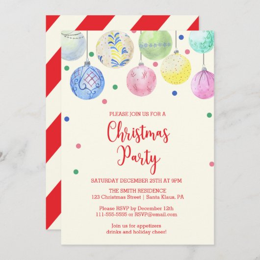 ホリデイオーナメントクリスマスパーティの招待状 招待状 (正面/裏面)
