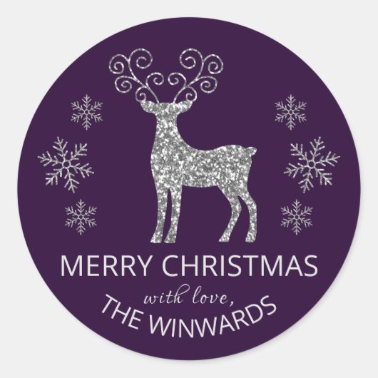 ホリデイパープルシルバーグリッタークリスマススノーフレーク ラウンドシール (正面)