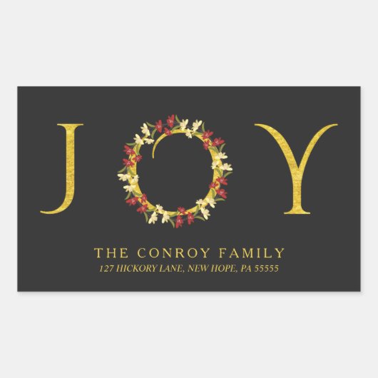 ホリデイフローラリースブラック&金ゴールド差出人住所 長方形シール (正面)