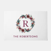 ホリデイフローラリースモノグラムパーソナライズされた ドアマット (正面)