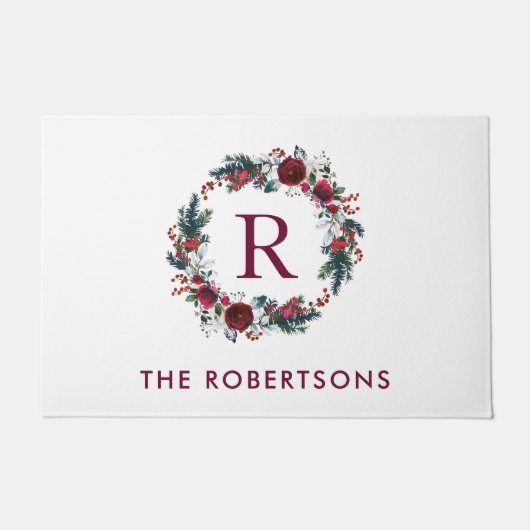 ホリデイフローラリースモノグラムパーソナライズされた ドアマット (正面)