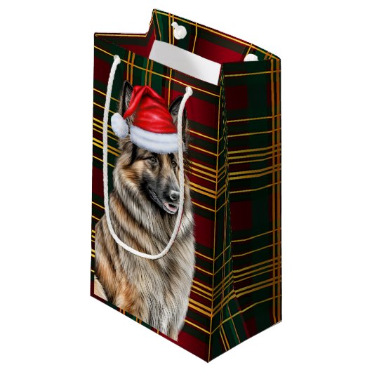ホリデイベルギーテルヴューヌドッグおもしろい格子状クリスマス スモールペーパーバッグ (正面アングル)