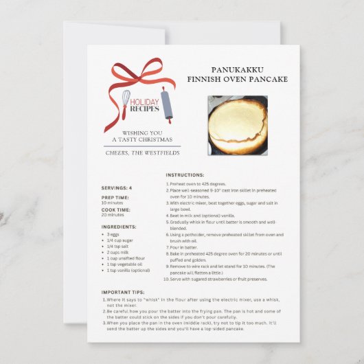 ホリデイレシピフィンランドのオーブンパンケーキクリスマスカード シーズンカード (正面)