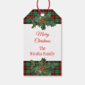 ホリデイレッドグリーンプレイドとホリー編集可能 ギフトタグ (正面)
