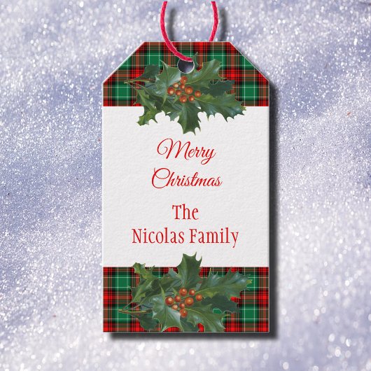 ホリデイレッドグリーンプレイドとホリー編集可能 ギフトタグ