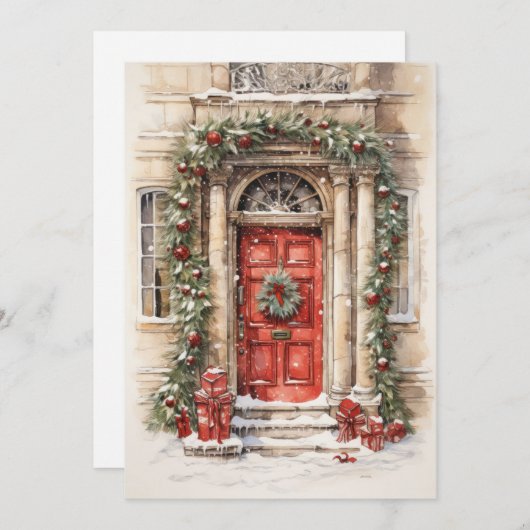 ホリデイレッドドアアートクリスマスフラットカード シーズンカード (正面/裏面)