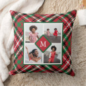 ホリデイレッドプレイドフォトコラージュとモノグラム クッション (ブランケット)