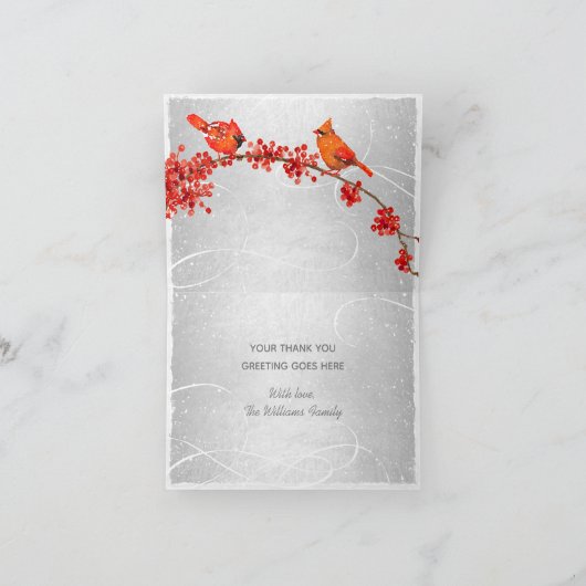 ホリデイレッド深紅色フェイクシルバーサンキューカード サンキューカード (内部)