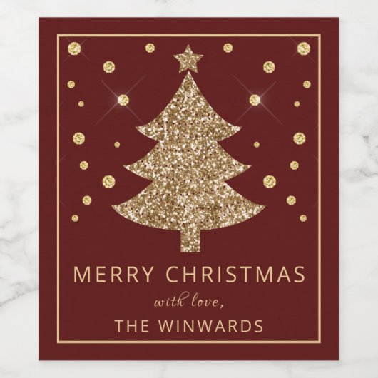 ホリデイレッド&金ゴールドグリッタークリスマスツリー ワインラベル (シングルラベル)