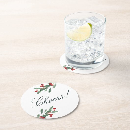 ホリデイ応援ウォーターカラーベリー葉と ラウンドペーパーコースター (インサイチュ)