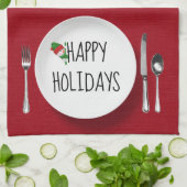 ホリデイ雪だるまオンホワイトプレート キッチンタオル (折り畳み)