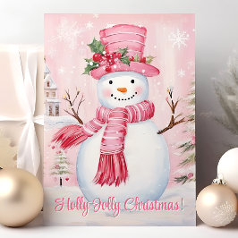 ホリデイ・ジョリー・クリスマス かわいいピンクの雪だるま シーズンカード